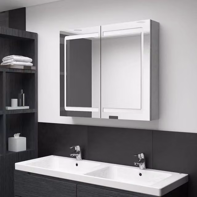 Berkfield Home LED Bathroom Mirror Cabinet in Concrete Grey, W/D/H: 80 x 12 x 68 cm
