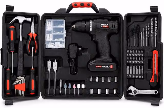 MYLEK 18V Cordless Li-ion Drill and 130 Piece DIY Home Kit with Carry Case in Black