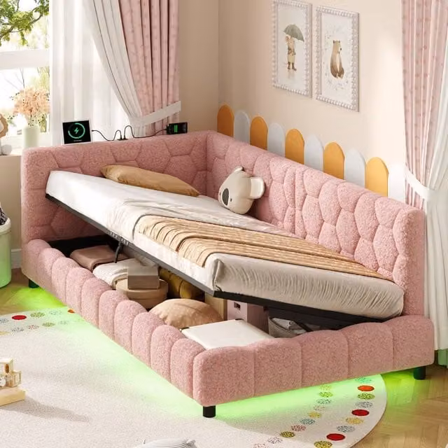 Matteo Pink Boucle 3ft Single Hydraulic Storage Bed with Smart RGB LED Lights and USB Charging Port W/D/H: 90 x 190 cm