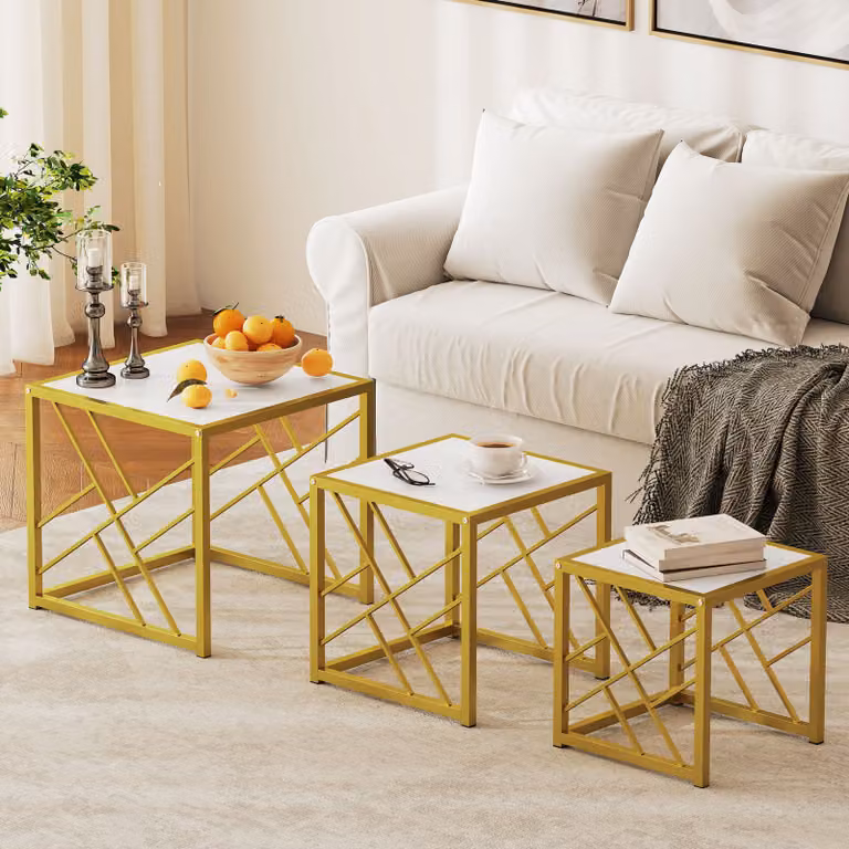 HOMCOM Set of 3 Square Nesting Coffee Tables with Black Metal Frame and White MDF Tops