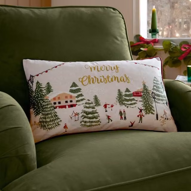 Joy To All Embroidered Velvet Rectangular Cushion, Snow Berry, W: 50 cm, H: 30 cm