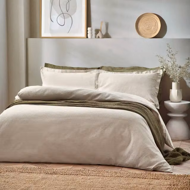 Make it a Home Waffle Textured Jacquard Duvet Cover Set in Orange and Beige Linen Cotton, Single, 90x190 cm