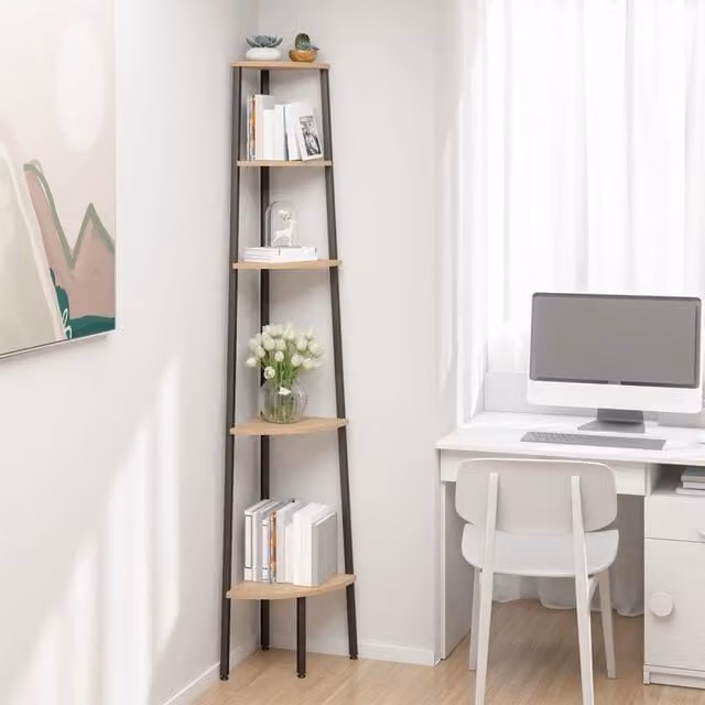 Berkfield Home 5-Tier Freestanding Corner Shelf in Light Brown and Black, H 180 x W 45.5 x D 31.5 cm