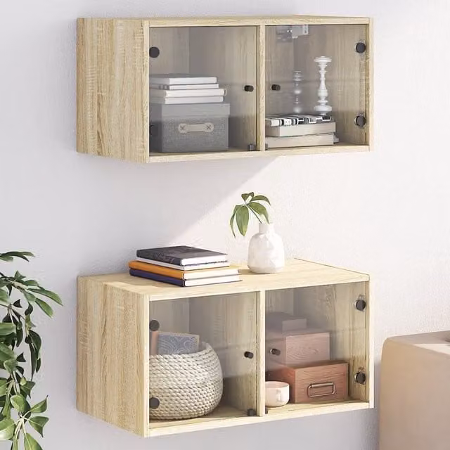 Berkfield Home Set of 2 Wall Mounted Cabinets with Glass Doors in Sonoma Oak Brown, W: 68.5 cm, D: 37 cm, H: 35 cm