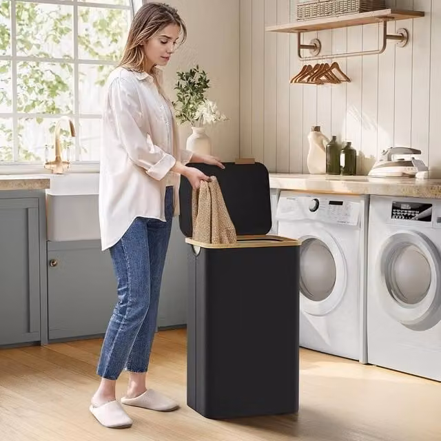 The Bazaarist Laundry Hamper with Lid, Removable Liner and Bamboo Handles, Black