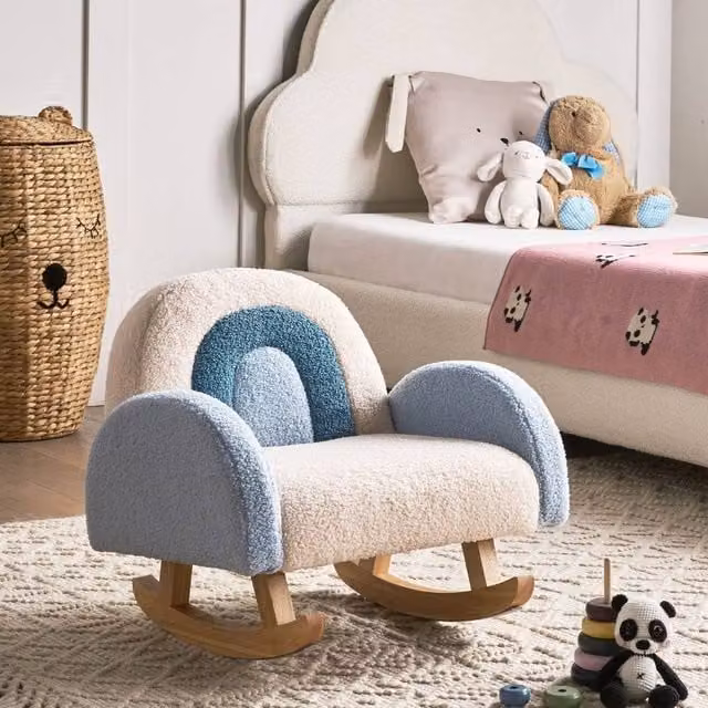 Wyld Haus Blue Bouclé Childrens Rocking Chair with Armrests and Rubberwood Base