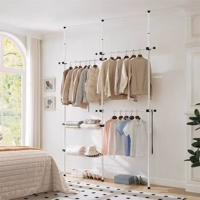 EONLION Double Clothes Rack Wardrobe Organiser with Baskets in White, W: 50 cm