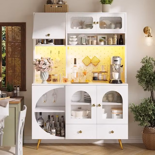 Aosom UK Modern Tall Kitchen Cabinet with Built-In Power Outlets, USB Ports and App-Controlled LED Lighting, White, W: 120 cm, D: 40 cm, H: 176 cm
