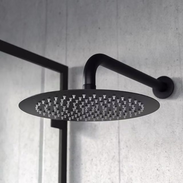 Nes Home Round Slim Rainfall Modern Overhead Shower Head in Matt Black, Diameter: 25 cm