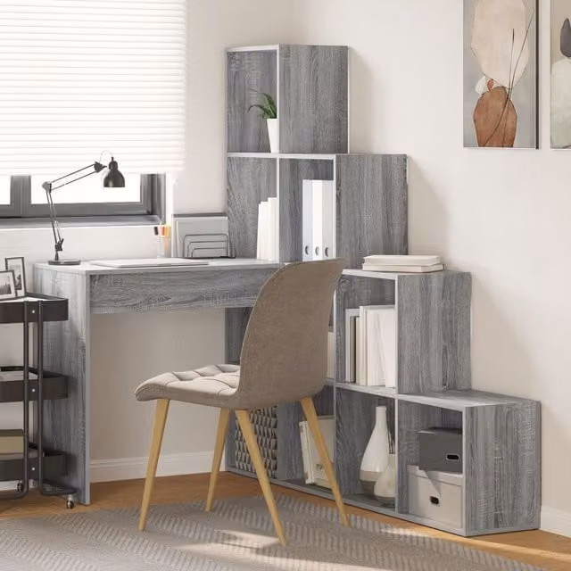 Berkfield Home Corner Desk with Storage Shelf in Grey Sonoma, W/D/H: 149.5 x 101.5 x 149.5 cm