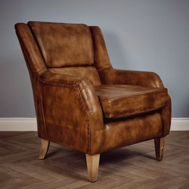 Elm Home And Garden Classic Brown Tan Genuine Leather Armchair with Solid Wood Frame