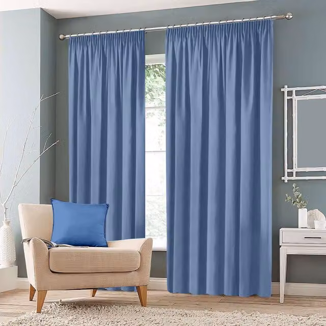 Roseley Plain Blue Blackout Fabric Panel Pencil Pleat Curtains