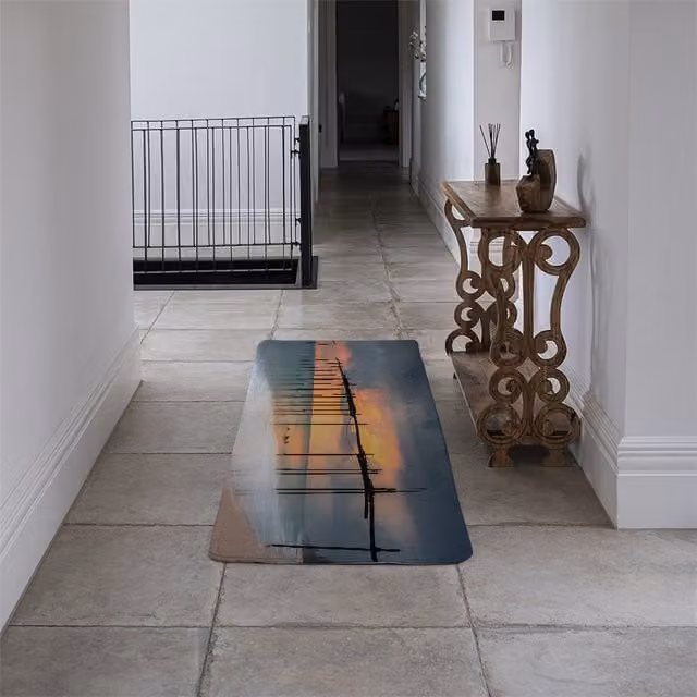 Benjamin Tate Design LTD Wood Bridge Sunset at Sea Thailand Designer Runner Rug in Orange