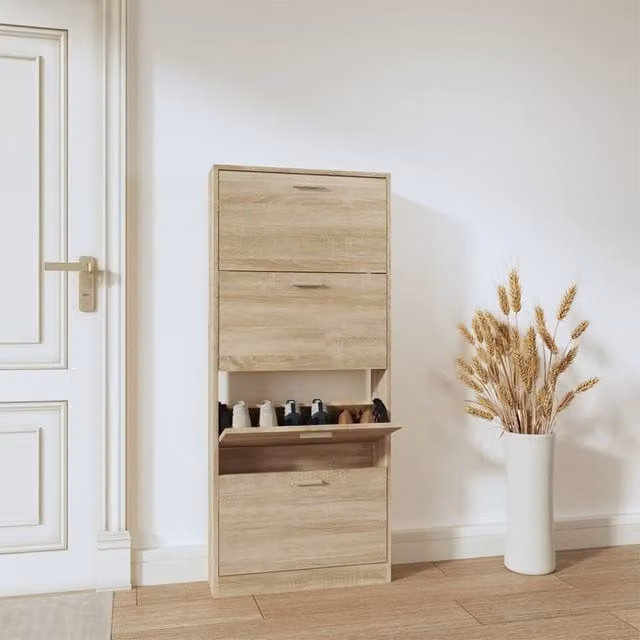 Berkfield Home Oak Shoe Cabinet in Brown, W/D/H: 59 x 17 x 150 cm