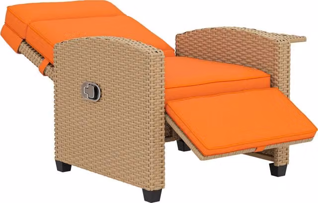 Outsunny 145 Degree Reclining Rattan Armchair with Footrest and Side Tray, Orange