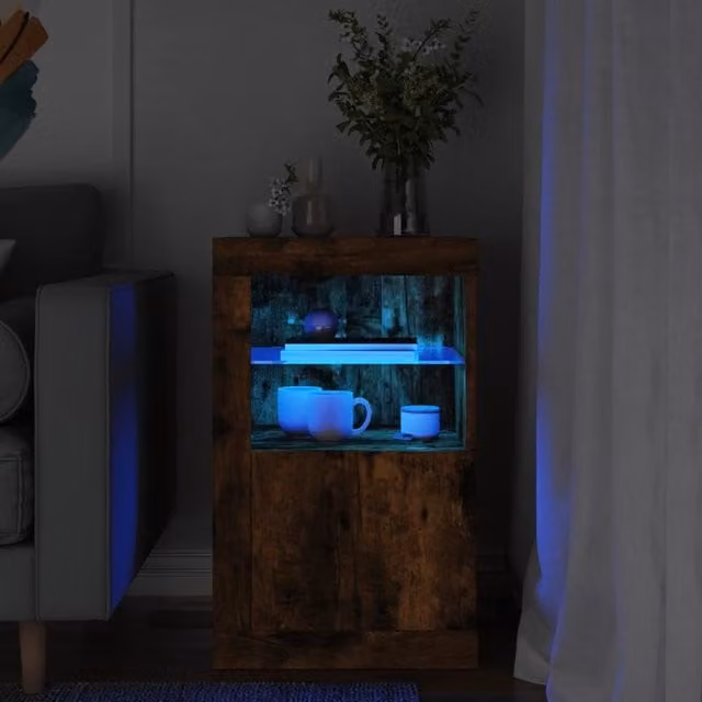 Berkfield Home Modern Side Cabinet in Smoked Oak with Integrated LED Lighting and Glass Doors, Brown
