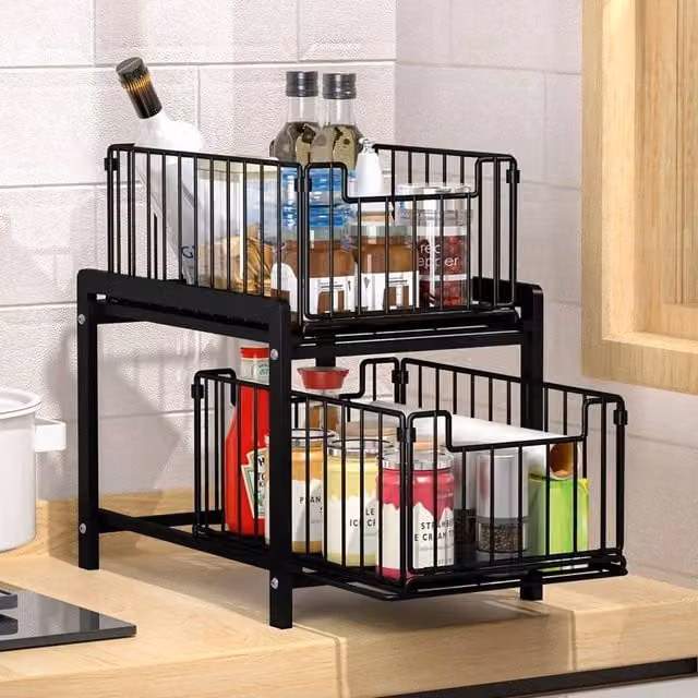 KORVIXA Black 2-Tier Metal Under Sink Organizer Shelf for Kitchen and Bathroom, W: 50 cm