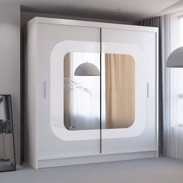 MN Furniture Modern White Glossy Wardrobe with Sliding Mirror Doors and Integrated LED Lighting W/D/H: 203 x 0 x 217 cm