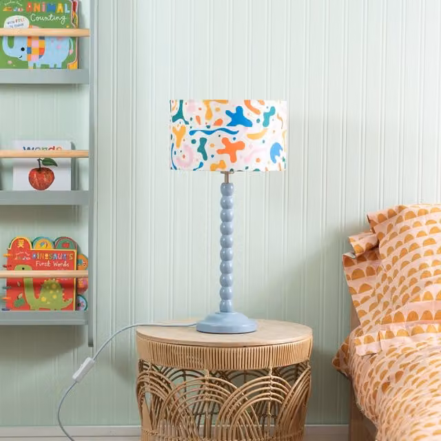 ValueLights Blue Bobbin Stem Table Lamp with Multicolour Fabric Drum Shade