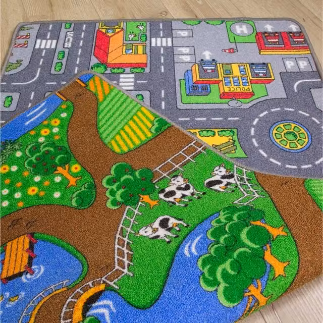 The Rug House Reversible Kids Double Sided Play Mat with Roads, City and Farm Motif, Multicolour, W: 165 cm, D: 100 cm