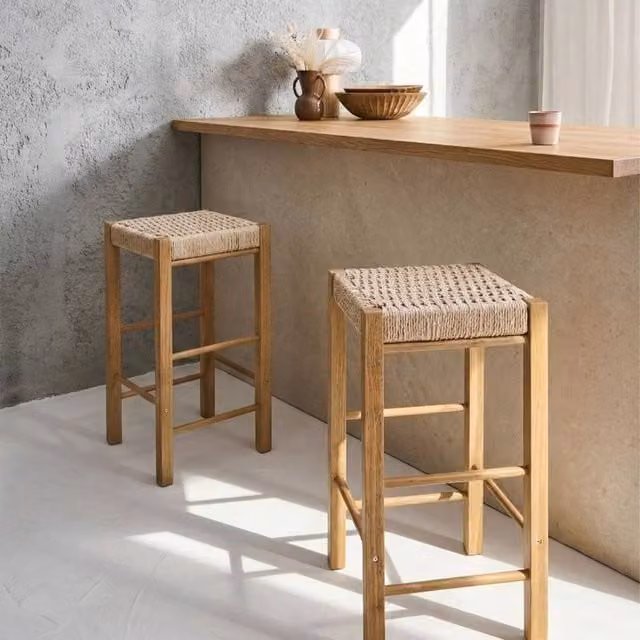 Wyld Haus Set of 2 Brown Rubberwood Bar Stools with Woven Paper Rope Seats
