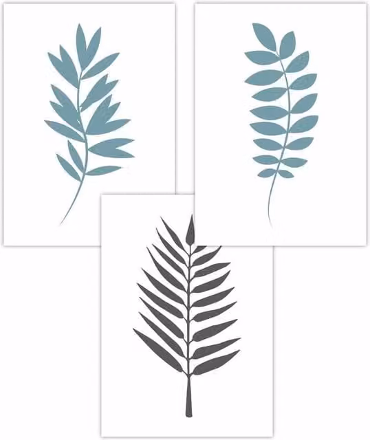 ARTZE Set of 3 Boho Botanical Leaf Art Posters in Blue, Grey and White, W: 42 cm, H: 59 cm