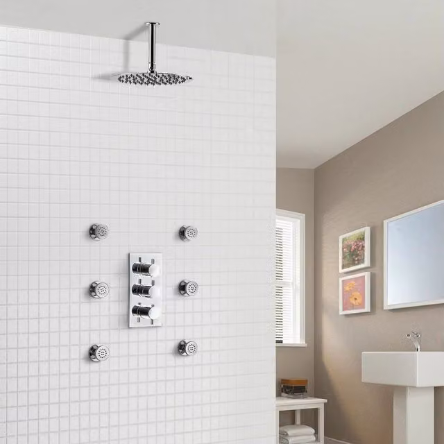 Nes Home Calla Chrome Round 2 Way Slim Thermostatic Concealed Bathroom Shower Body Jets in Silver