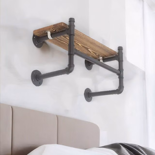 Furnold Industrial Pipe Wall-Mounted Floating Shelf with Hanging Rail in Brown and Black