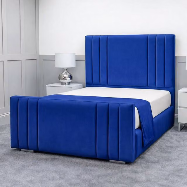 Living Comfort Bedz Canberra Super King Plush Velvet Upholstered Bed with Slatted Base and 48 Inch Headboard in Blue