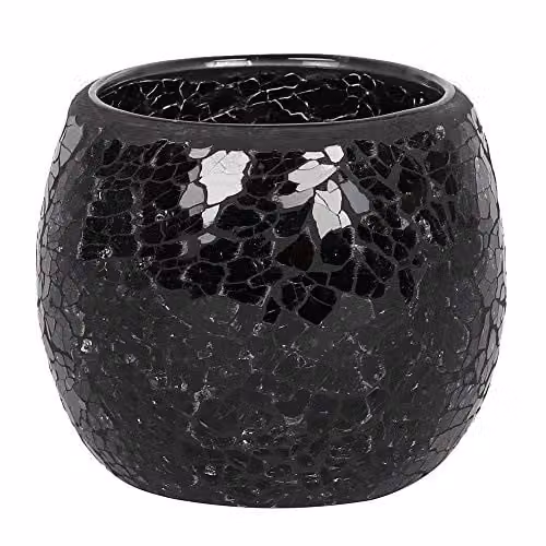 Something Different Black Crackle Glass Tealight Candle Holder, H: 7 cm x W: 8 cm x D: 8 cm, Pack of 1