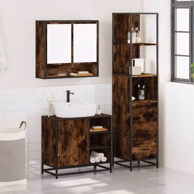 Berkfield Home 3 Piece Industrial Bathroom Furniture Set in Brown Smoked Oak
