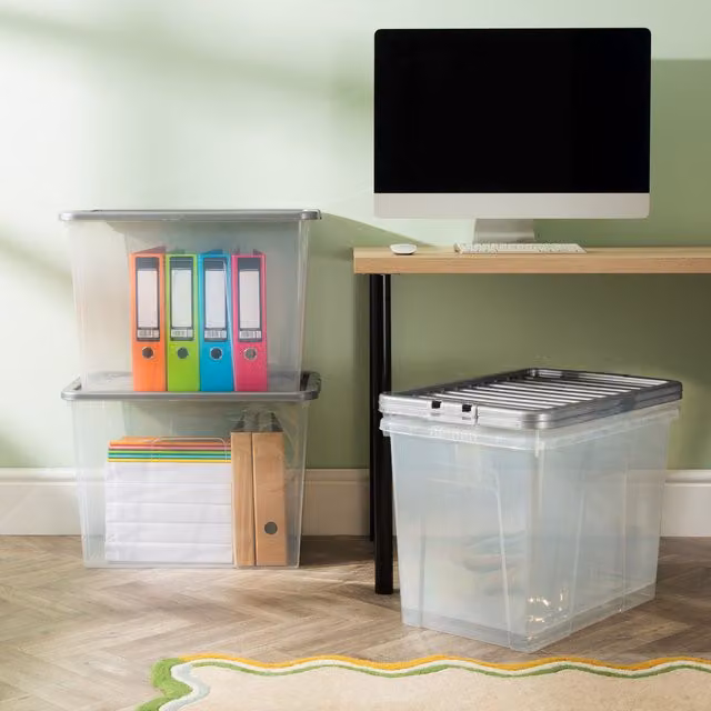 Wham Crystal 80L Storage Box with Stronger Lid Pack of 4, Silver/Transparent