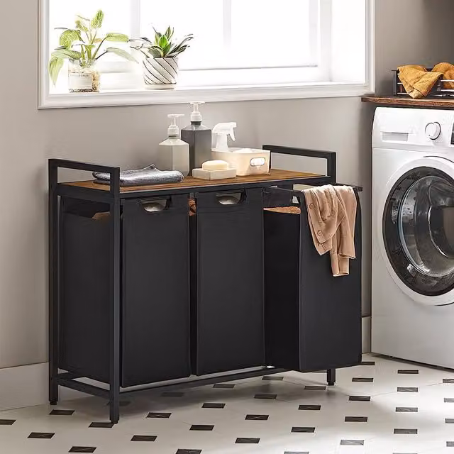 VASAGLE 3 Compartment Laundry Basket with Shelf and Metal Frame, Black
