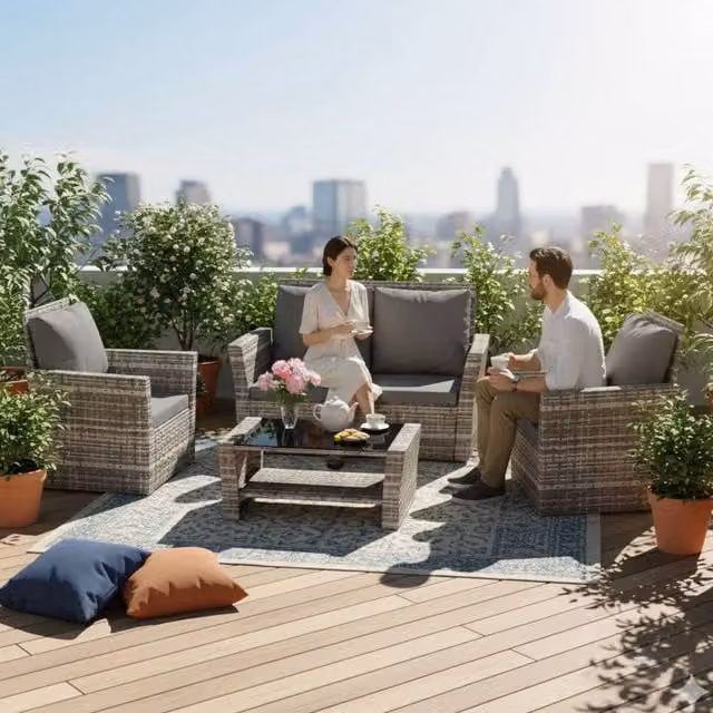 Birchtree 4 Seater Grey Rattan Garden Furniture Set with 2 Seater Sofa, Armchair, Coffee Table and Cushions