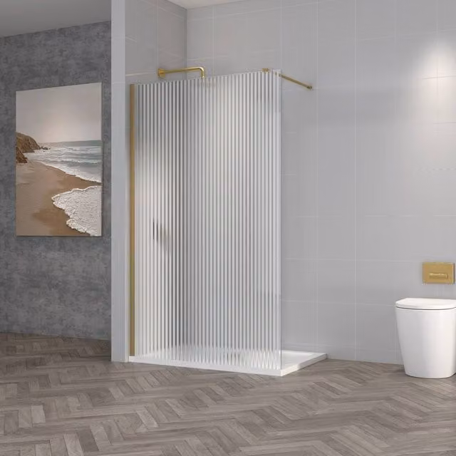 Bathroom Kingdom Milo Brushed Brass Fluted 8mm Wet Room Shower Glass Panel, Gold, W: 1100 mm, H: 1950 mm