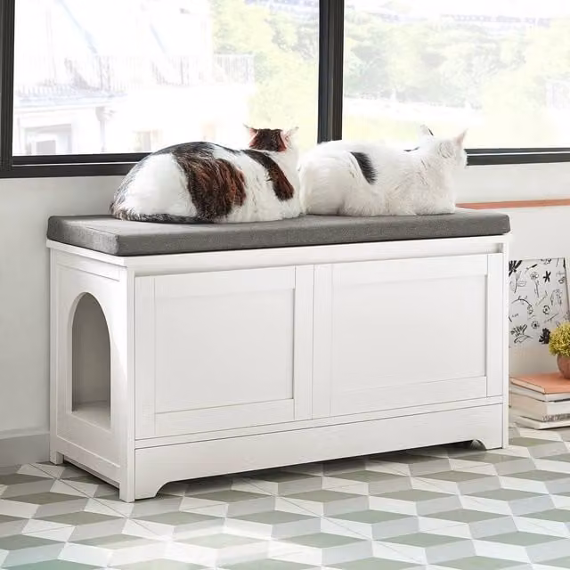 SoBuy Cat-Friendly Entrance Bench with Padded Fabric Seat and Hidden Litter Space in White and Grey