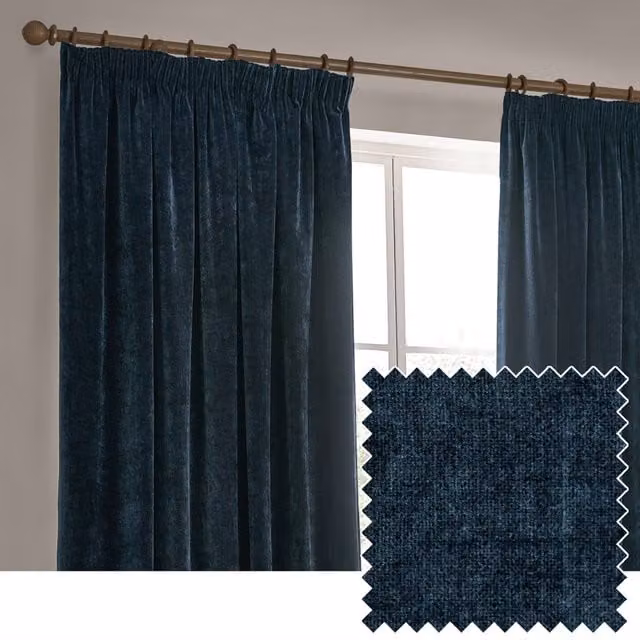 Make It A Home Navy Blue Heavy Chenille Velvet Pencil Pleat Curtains, Width: 183 cm, Height: 183 cm