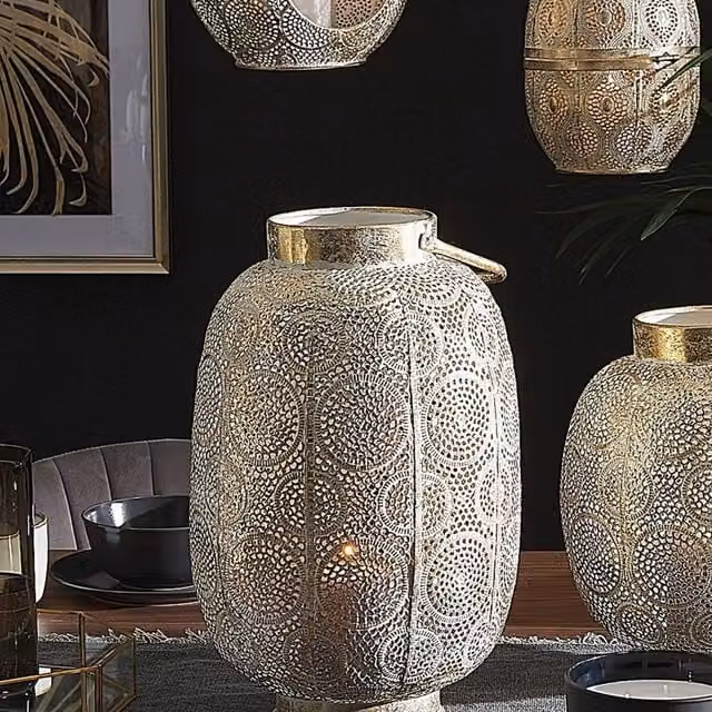 Wyld and Coco Distressed Gold Metal and Glass Geometric Pillar Candle Holder, Height: 40 cm
