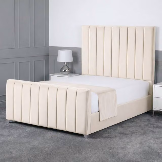 Living Comfort Bedz Empress Plush Velvet Upholstered Bed with Slatted Base and 48 Inch Headboard in Cream, Small Double