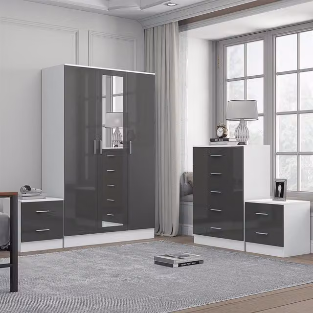 REFLECT Bedroom Furniture Bundle including 3-Door Mirror Wardrobe, Chest of Drawers and 2x Bedside Tables in Grey Gloss and Matt White