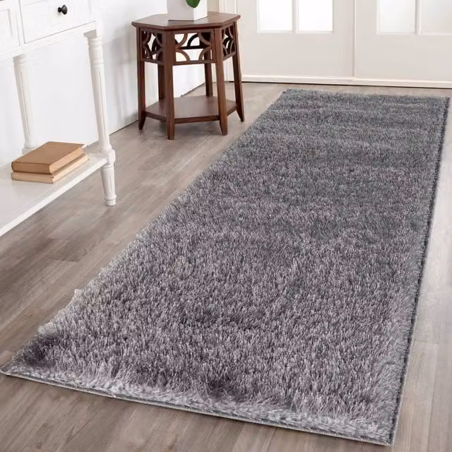 Desire Rugs Modern Soft Plain Shimmer Shaggy Area Rug Runner, Silver, W: 60 cm, L: 220 cm