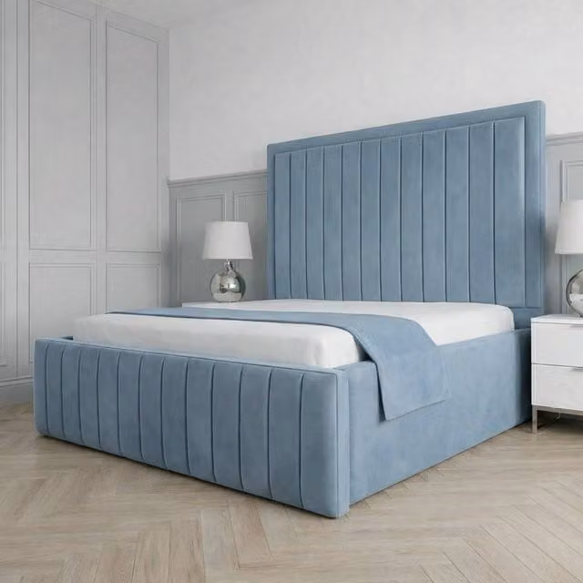 Living Comfort Bedz Sovereign Plush Velvet Upholstered Bed with Slatted Base and 48 Inch Headboard in Light Blue, King Size