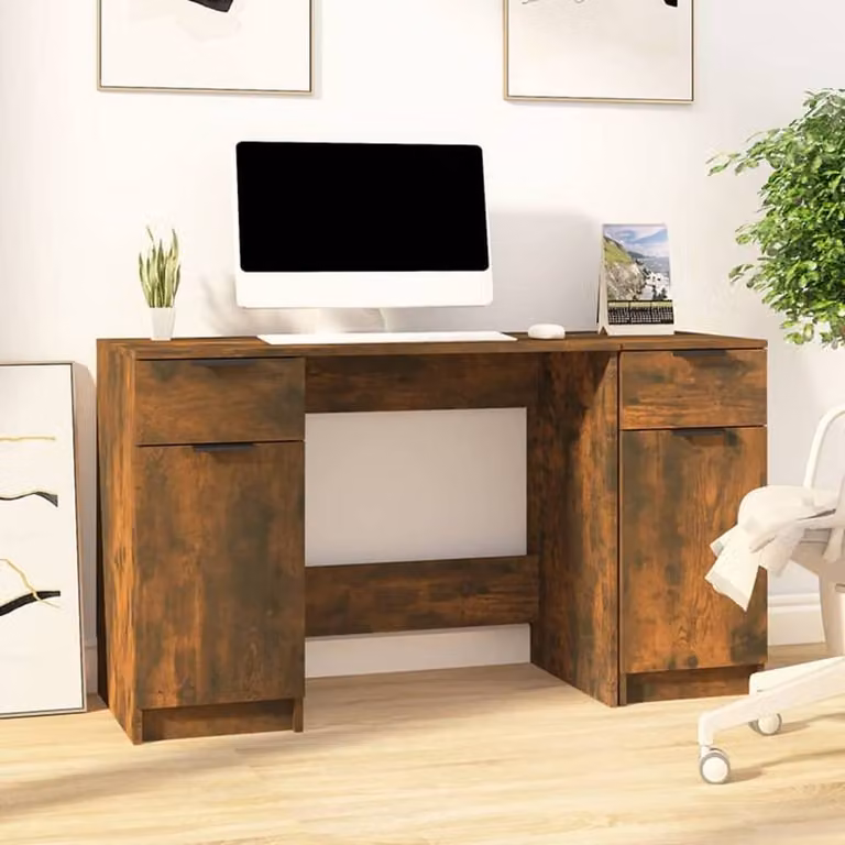 Berkfield Home Modern Writing Desk with Side Cabinet in Smoked Oak Brown