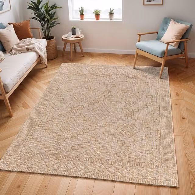 Livabliss Tuareg-Global Beige Ivory Graphic In- & Outdoor Jute-Look Polypropylene Rug, W: 160 cm, D: 215 cm