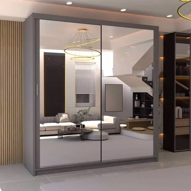 MN Furniture Modern Grey Double Mirror Sliding Door Wardrobe W: 203 cm, H: 217 cm