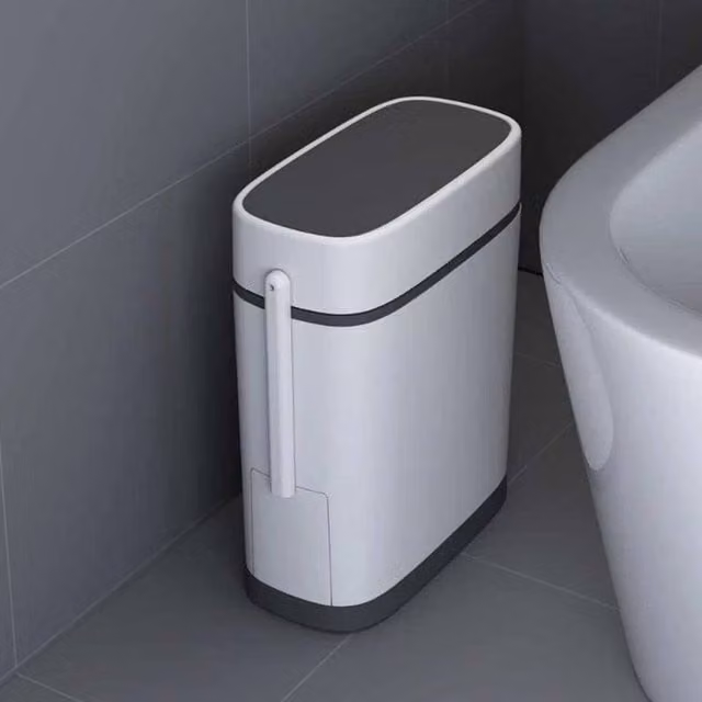 KORVIXA 14L Narrow White Plastic Bathroom Trash Can with Brush and Lid