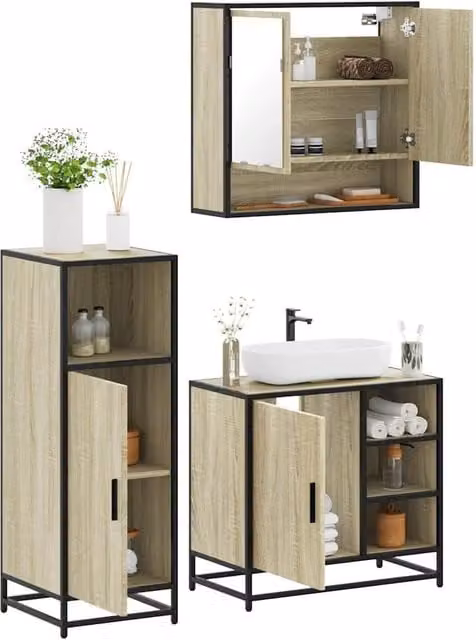 Berkfield Home 3 Piece Industrial Bathroom Furniture Set in Brown Sonoma Oak