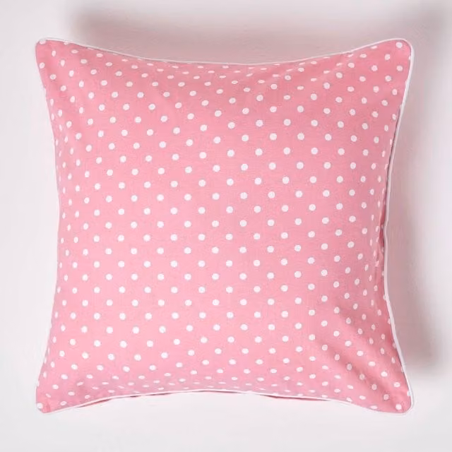 Homescapes Pink Cotton Polka Dot Square Cushion Cover, W: 60 cm x H: 60 cm