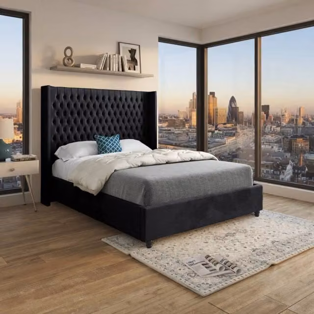 KDMD Wormbridge Winged Upholstered Designer Bed Frame in Black Soft Velvet, W/D/H: 137 x 128 x 200 cm