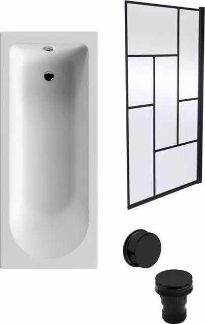 Balterley Round Bath in White with Black Abstract Screen and Black Waste, W/D/H: 170 x 70 cm